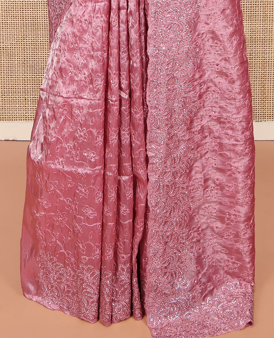 Pink Designer Saree, Enthralled with Floral Vine Thread and Stone Work, Scalloped Stonework Border, Self Pallu, and Matching Blouse