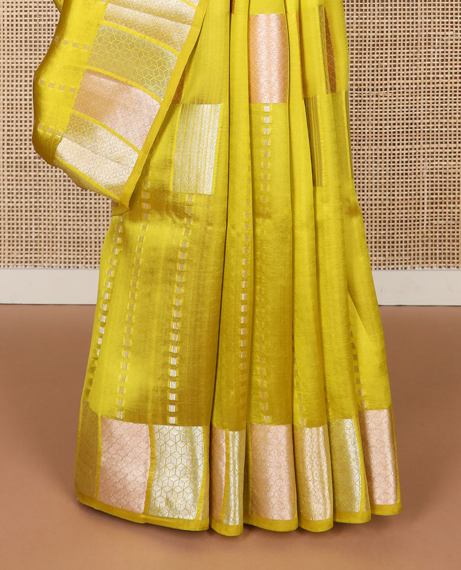 Mustard geometric design raw mango silk saree with self zari design border & ogee design pallu