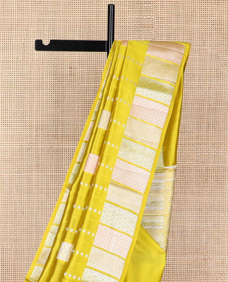 Mustard geometric design raw mango silk saree with self zari design border & ogee design pallu