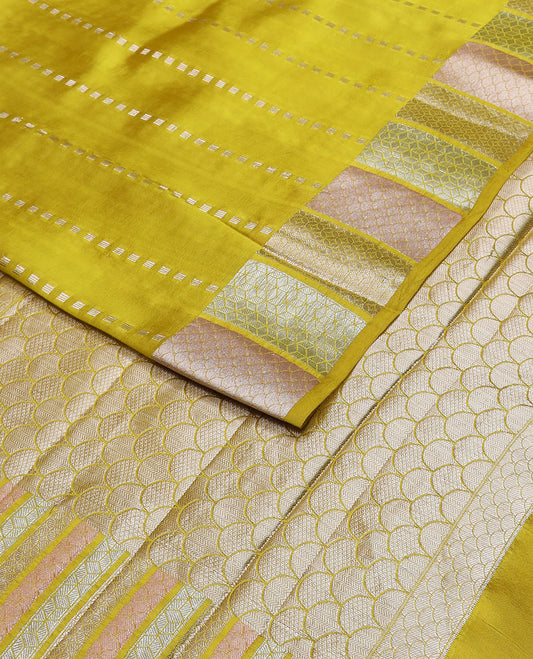 Mustard geometric design raw mango silk saree with self zari design border & ogee design pallu