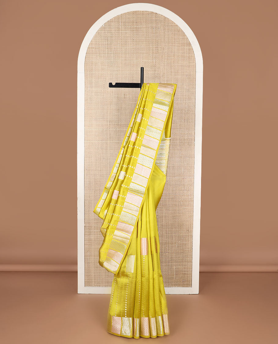 Mustard geometric design raw mango silk saree with self zari design border & ogee design pallu