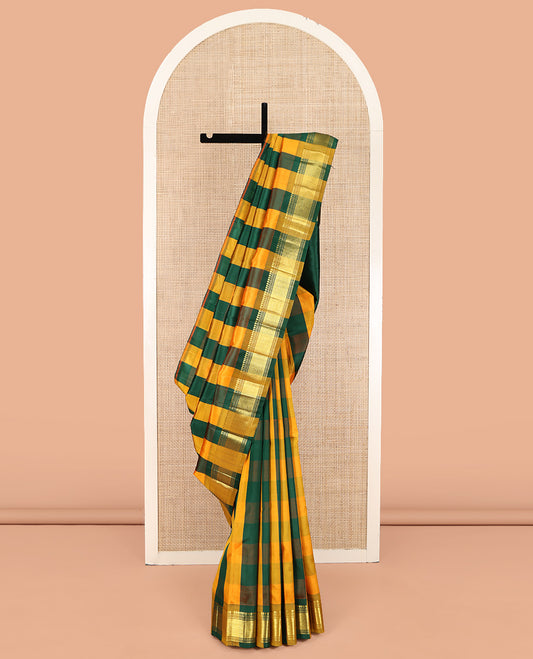 Multi-Color Kanchipuram Silk Saree, Decked Up with Palum Pazhamum Checked Design on Its Body, Highlighted by a Zari One-Sided Border of Panner Sombu, Banaras, Muthu, and Mayil Kann Designs, Pallu of Zari Designs, and Comes Without a Blouse