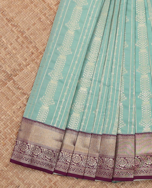 Blue Litchi Saree, Beautifully Bedecked with Zari Designs, a Contrast Traditional Zari Border, Jaal Pallu, and a Contrast Blouse