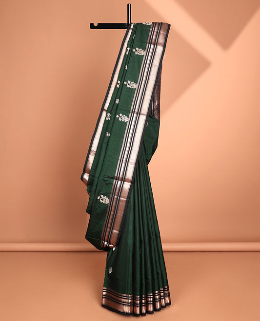 Green striped soft silk saree with floral buttas, contrast border of muthu & mayil kann & pallu of floral designs