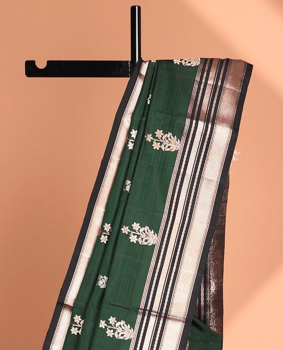 Green striped soft silk saree with floral buttas, contrast border of muthu & mayil kann & pallu of floral designs