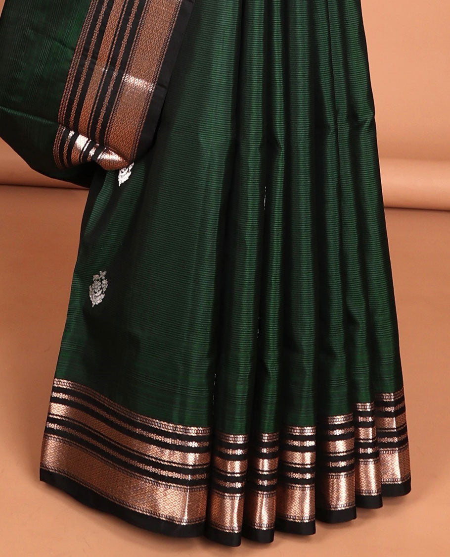 Green striped soft silk saree with floral buttas, contrast border of muthu & mayil kann & pallu of floral designs