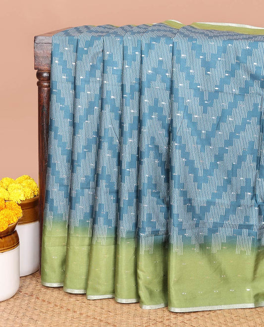 Peacock blue 1000 butta digital print kathan silk saree with contrast border & contrast pallu along with contrast blouse