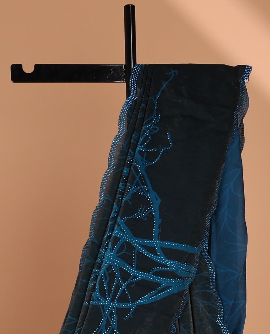 Peacock blue digital print, diamond work fendy satin saree with stone work border