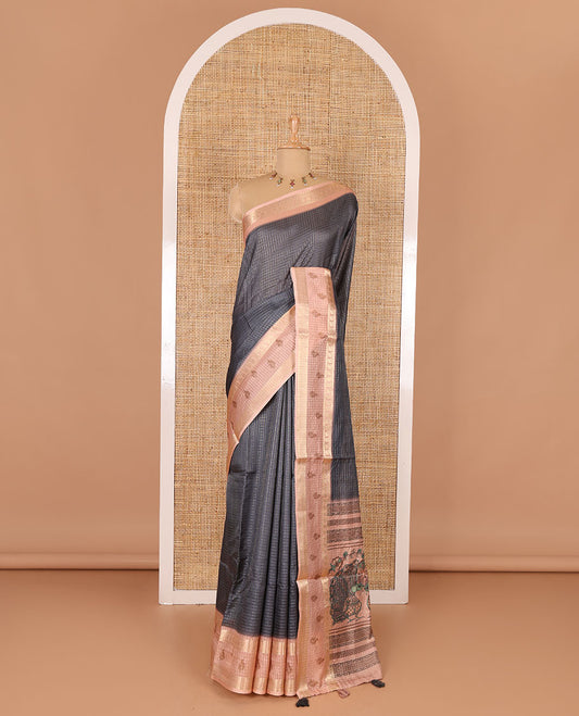 Grey gold zari checked katan silk saree with contrast traditional zari border of peacock print, peacock printed pallu, and contrast printed blouse