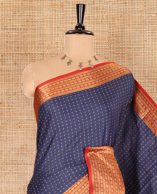 Navy blue thread butta all over body semi soft silk , contrast traditional  border , contrast lining chit pallu