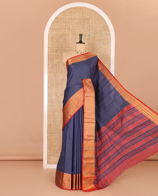 Navy blue thread butta all over body semi soft silk , contrast traditional  border , contrast lining chit pallu