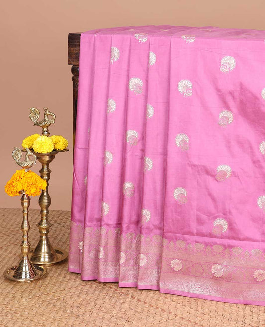 Onion pink neem zari butta dola silk saree with banaras border & rich pallu along with plain blouse