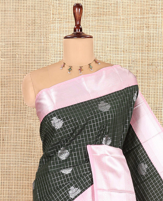 Dark Green-Light Pink Zari Checked Budget Silk Saree, Contrast Traditional Border, Intricate Pallu, and Contrast Blouse