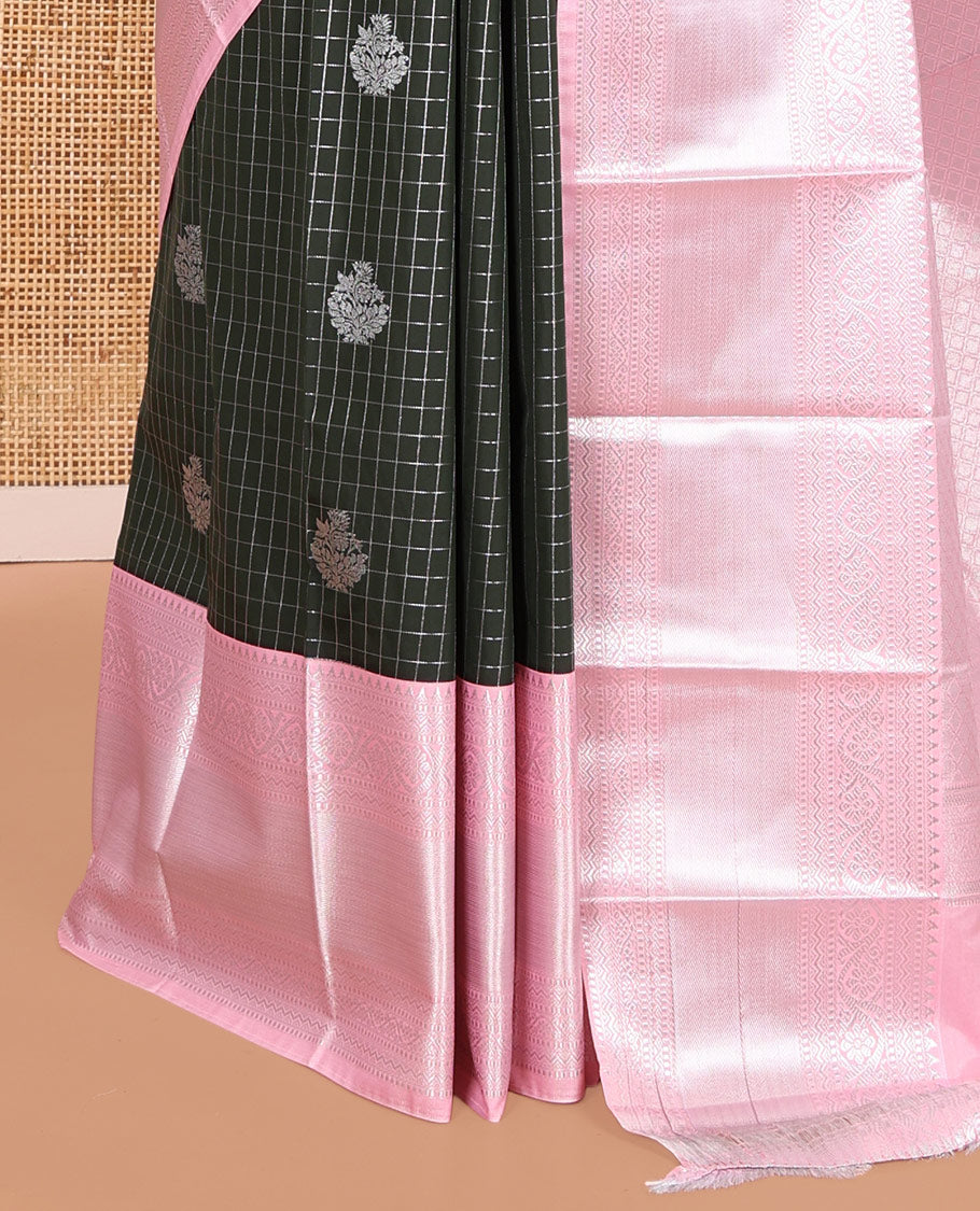 Dark Green-Light Pink Zari Checked Budget Silk Saree, Contrast Traditional Border, Intricate Pallu, and Contrast Blouse