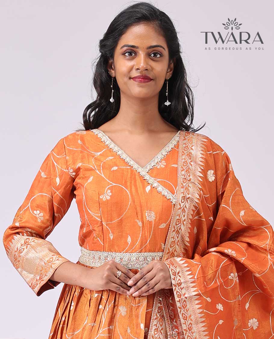 Orange floral v neck embroidered floor-length gown with 3/4 th sleeve & floral embroidered dupatta