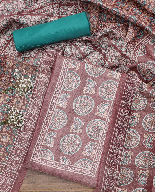 Brown material chudidar set, Ajrakh style printed with stone work top, contrast blue plain bottom and Ajrakh printed dupatta