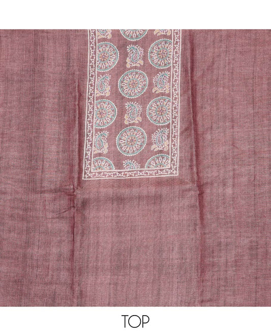 Brown material chudidar set, Ajrakh style printed with stone work top, contrast blue plain bottom and Ajrakh printed dupatta
