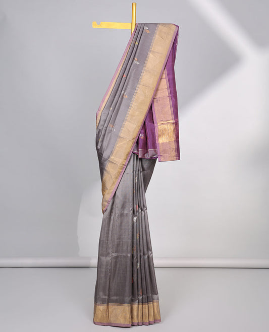 Grey  floral buttas uppada silk saree with self-border & floral zari buttas pallu