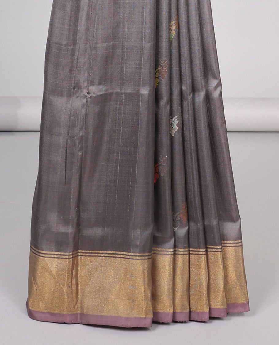 Grey  floral buttas uppada silk saree with self-border & floral zari buttas pallu