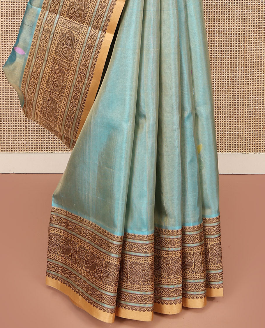 Blue Venkatagiri Silk Saree, Featuring Meena Buttas All Over Its Body, Complemented by a Contrast Traditional Motifs Woven Border, Pallu of Peacock Designs, and Paired with a Contrast Blouse