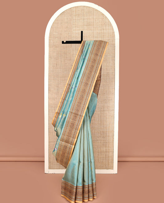 Blue Venkatagiri Silk Saree, Featuring Meena Buttas All Over Its Body, Complemented by a Contrast Traditional Motifs Woven Border, Pallu of Peacock Designs, and Paired with a Contrast Blouse