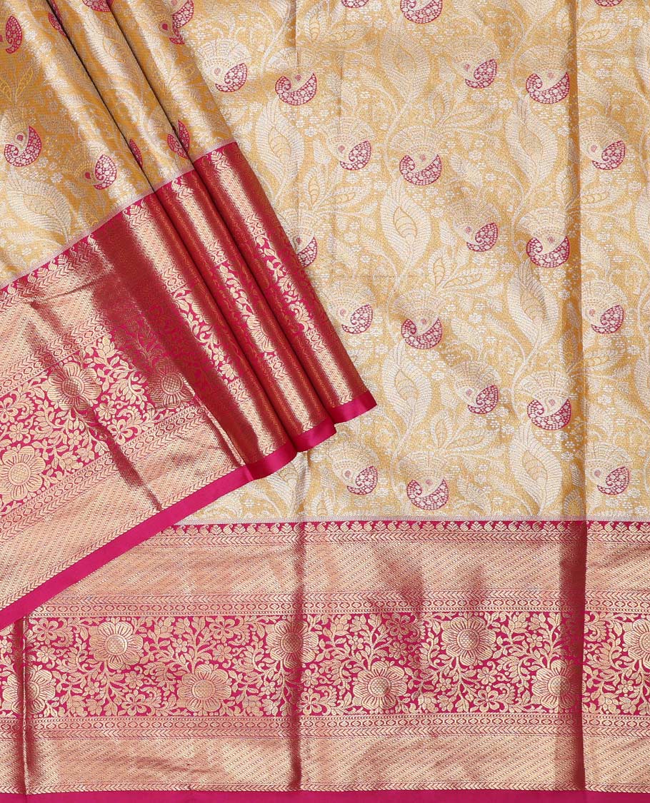 Yellow art silk half saree material , floral jacquard with contrast traditional zari bordered skirt, contrast jacquard blouse, and paisley jaal dhavani