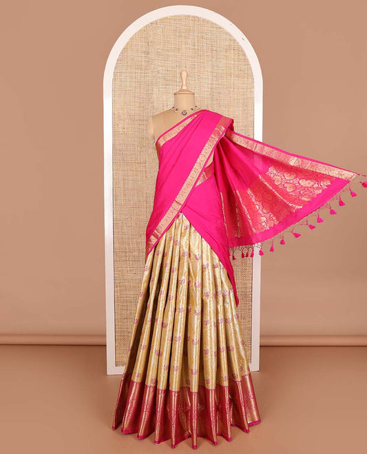 Yellow art silk half saree material , floral jacquard with contrast traditional zari bordered skirt, contrast jacquard blouse, and paisley jaal dhavani