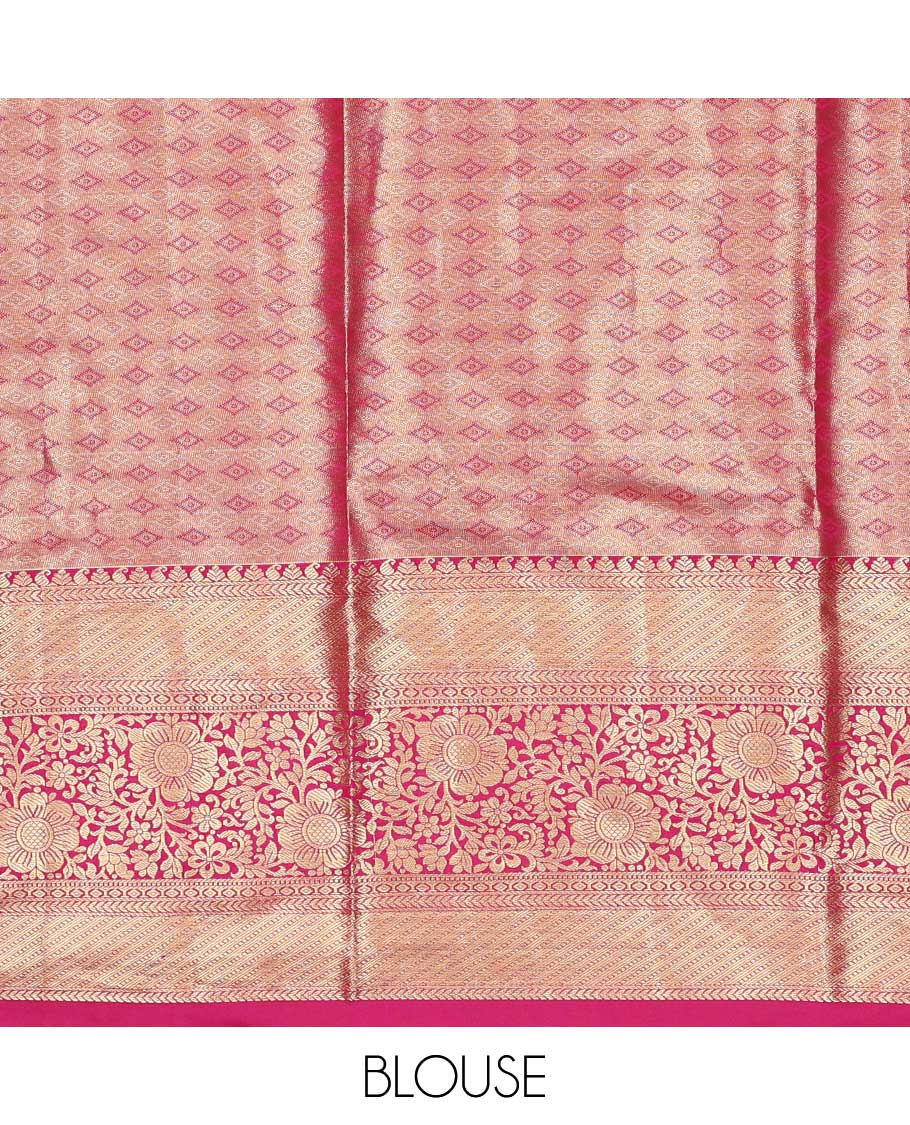 Yellow art silk half saree material , floral jacquard with contrast traditional zari bordered skirt, contrast jacquard blouse, and paisley jaal dhavani