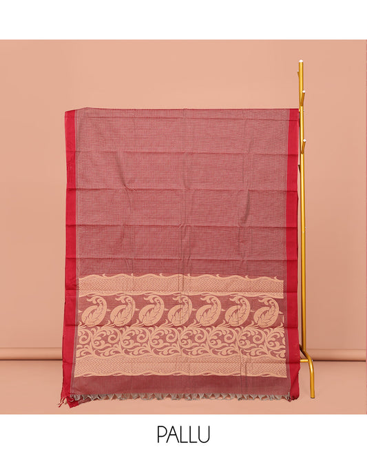 Brown Kanchi Cotton Saree, Sparsely Woven with Buttas, Complemented by Contrast Border, Pallu of Floral-Paisley Designs, and Paired with a Matching Blouse
