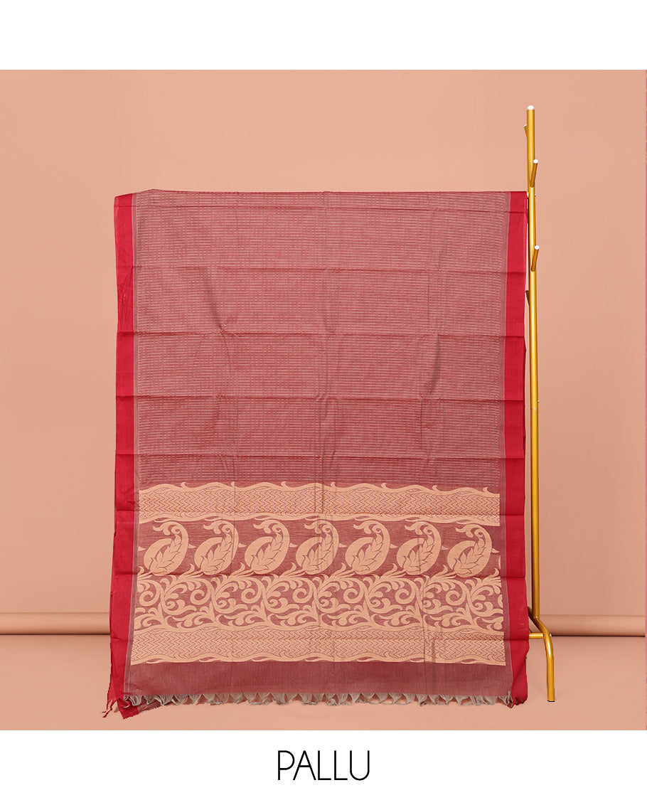 Brown Kanchi Cotton Saree, Sparsely Woven with Buttas, Complemented by Contrast Border, Pallu of Floral-Paisley Designs, and Paired with a Matching Blouse