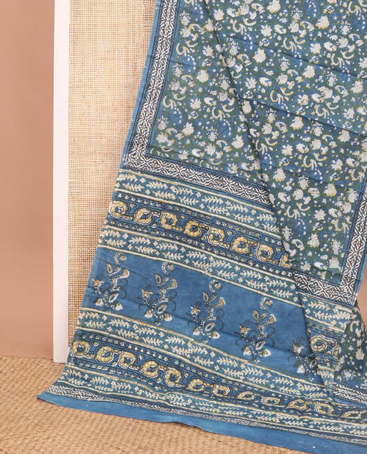 light blue floral design mul mul cotton saree with self geometric design border & floral design pallu