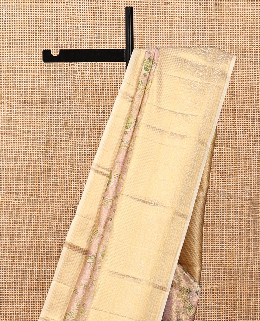 Pale Pink Kanchipuram Tissue Silk Saree, Decked Up with Floral-Bird Jacquard, a Contrast Border of Thilakam Mokku, Kodi Visiry, Mayil, and Mayil Kann, Intricate Pallu, and Contrast Blouse