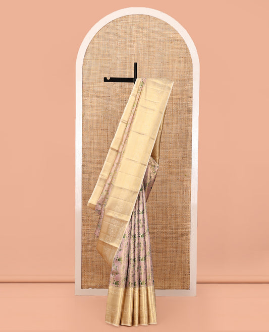Pale Pink Kanchipuram Tissue Silk Saree, Decked Up with Floral-Bird Jacquard, a Contrast Border of Thilakam Mokku, Kodi Visiry, Mayil, and Mayil Kann, Intricate Pallu, and Contrast Blouse