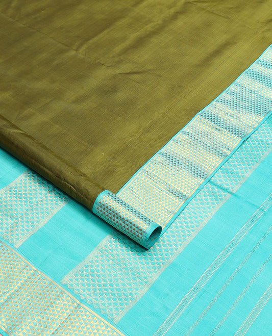 Green plain nine-yard silk saree, contrast ara maadam designs border, and pallu of ara maadam designs