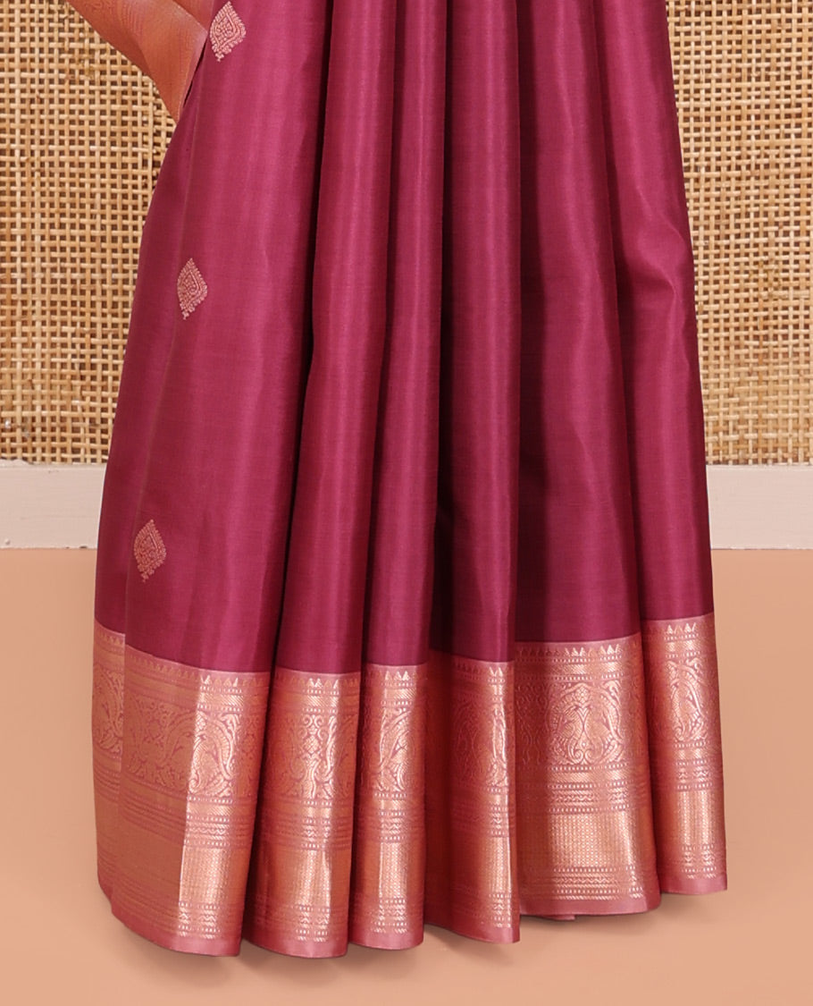 Light Maroon Vasundhara Silk Saree, Woven with Zari Buttas All Over Its Body, Complemented by a Contrast Border of Rekku, Muthu, Kili, Banaras, Neli, and Mayil Kann Designs, Grand Pallu, and Paired with a Contrast Blouse