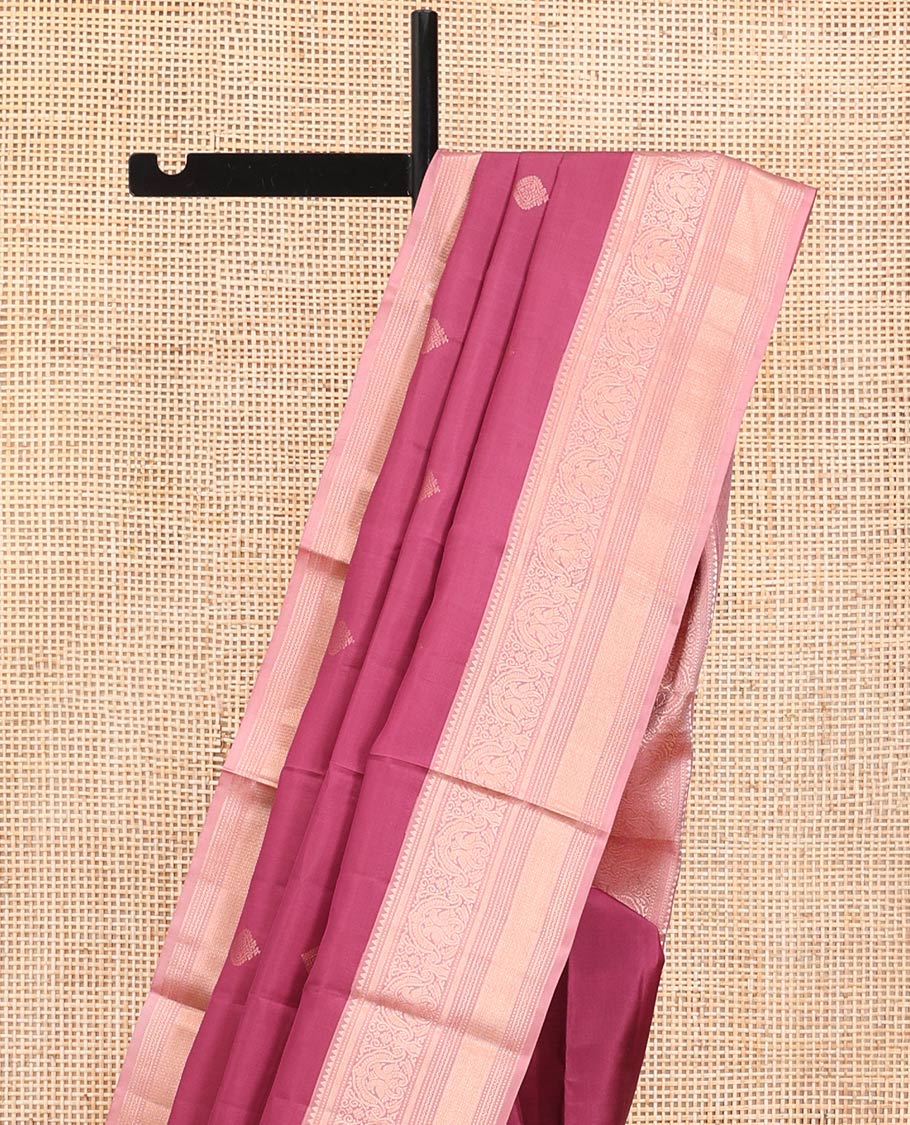 Light Maroon Vasundhara Silk Saree, Woven with Zari Buttas All Over Its Body, Complemented by a Contrast Border of Rekku, Muthu, Kili, Banaras, Neli, and Mayil Kann Designs, Grand Pallu, and Paired with a Contrast Blouse