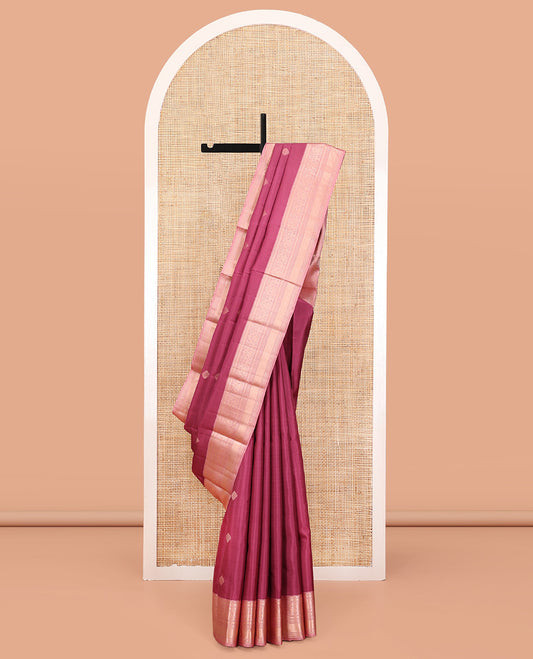 Light Maroon Vasundhara Silk Saree, Woven with Zari Buttas All Over Its Body, Complemented by a Contrast Border of Rekku, Muthu, Kili, Banaras, Neli, and Mayil Kann Designs, Grand Pallu, and Paired with a Contrast Blouse