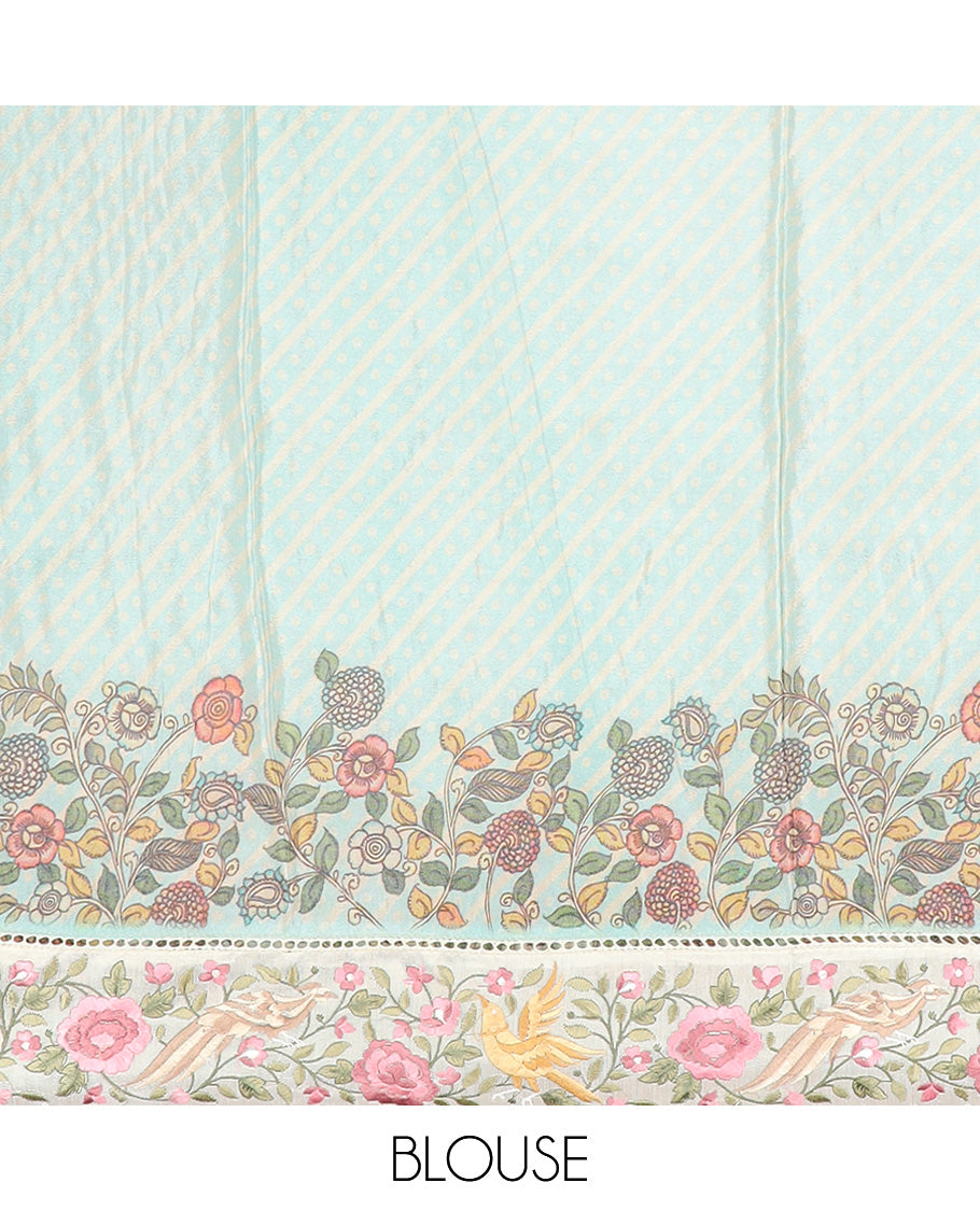 Blue buttas with bandhani and kalamkari floral-fauna printed dola silk saree, contrast floral embroidered scallop border