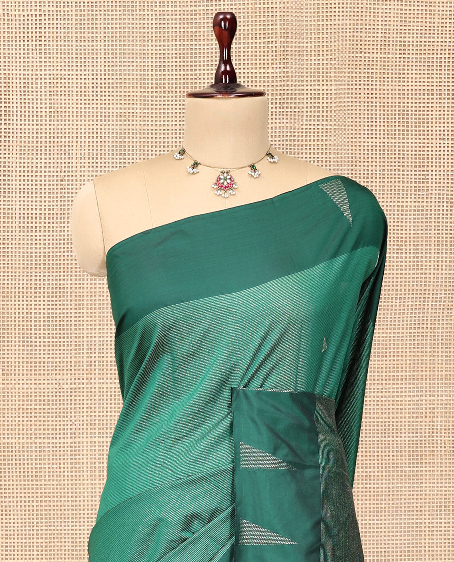 Green Arani Saree, Steeped with Zari Stripes, a Contrast Temple Border, Pallu of Zari Designs, and a Matching Blouse