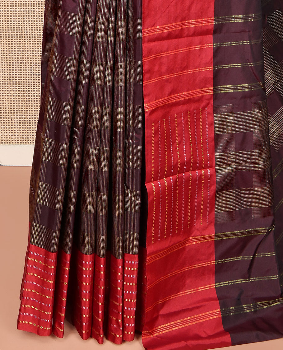 Maroon Aarani Gift Saree, Elevated with Checks on Its Body, Complemented by a Contrast Zari Striped Border, a Pallu of Zari Designs, and Paired with a Matching Blouse
