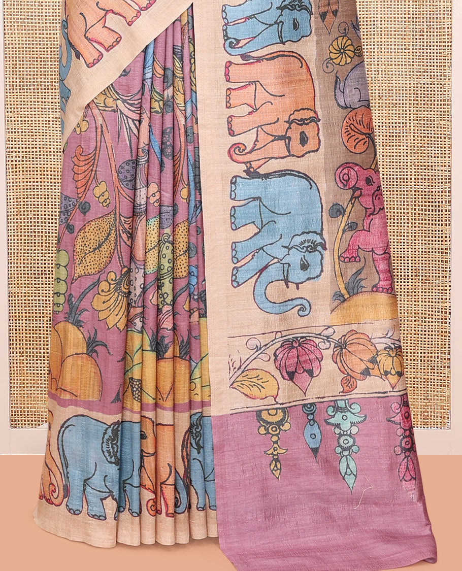 Pink Fancy Tussar Saree Features Kalamkari Floral and Animal Print, Contrast Elephant Border, Kalamkari Pallu, and a Contrast Blouse