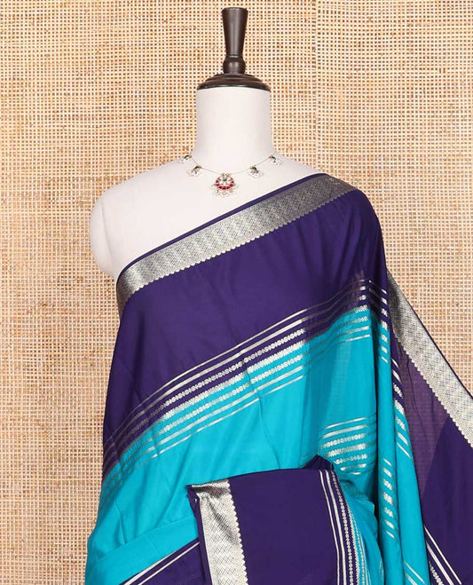 Light blue striped design mysore silk saree with contrast zari design border & striped pallu