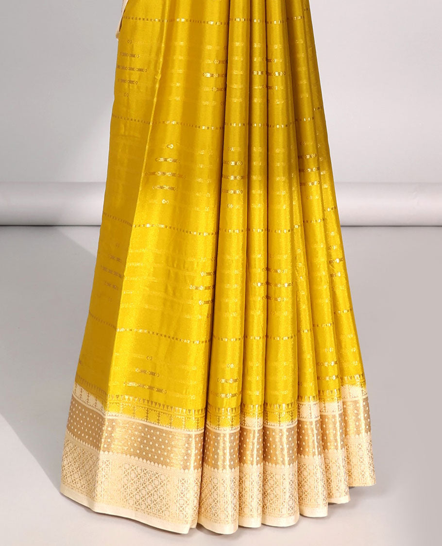 Green striped design  mysore silk saree with contrast argyle border & forest theme printed pallu