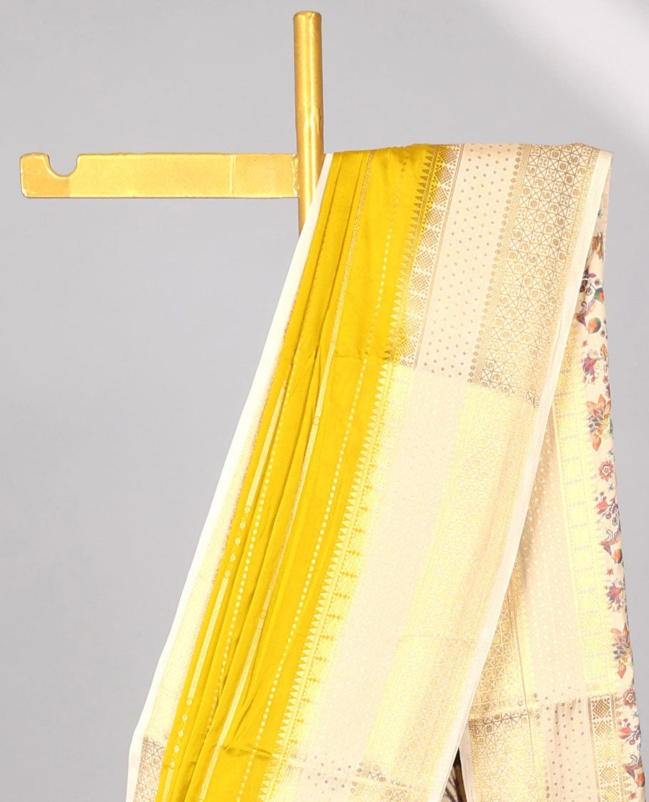Green striped design  mysore silk saree with contrast argyle border & forest theme printed pallu