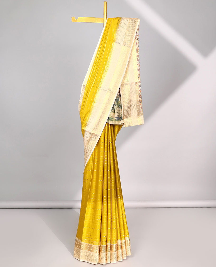 Green striped design  mysore silk saree with contrast argyle border & forest theme printed pallu