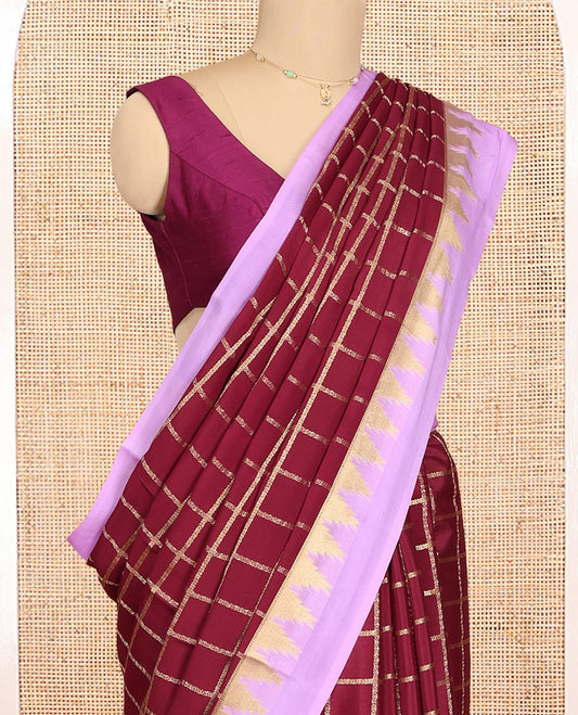 Maroon Mysore Silk Saree Features Checked Pattern, Contrast Temple Border, a Grand Pallu, and a Contrast Blouse