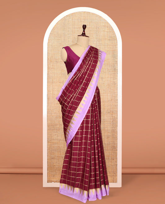 Maroon Mysore Silk Saree Features Checked Pattern, Contrast Temple Border, a Grand Pallu, and a Contrast Blouse