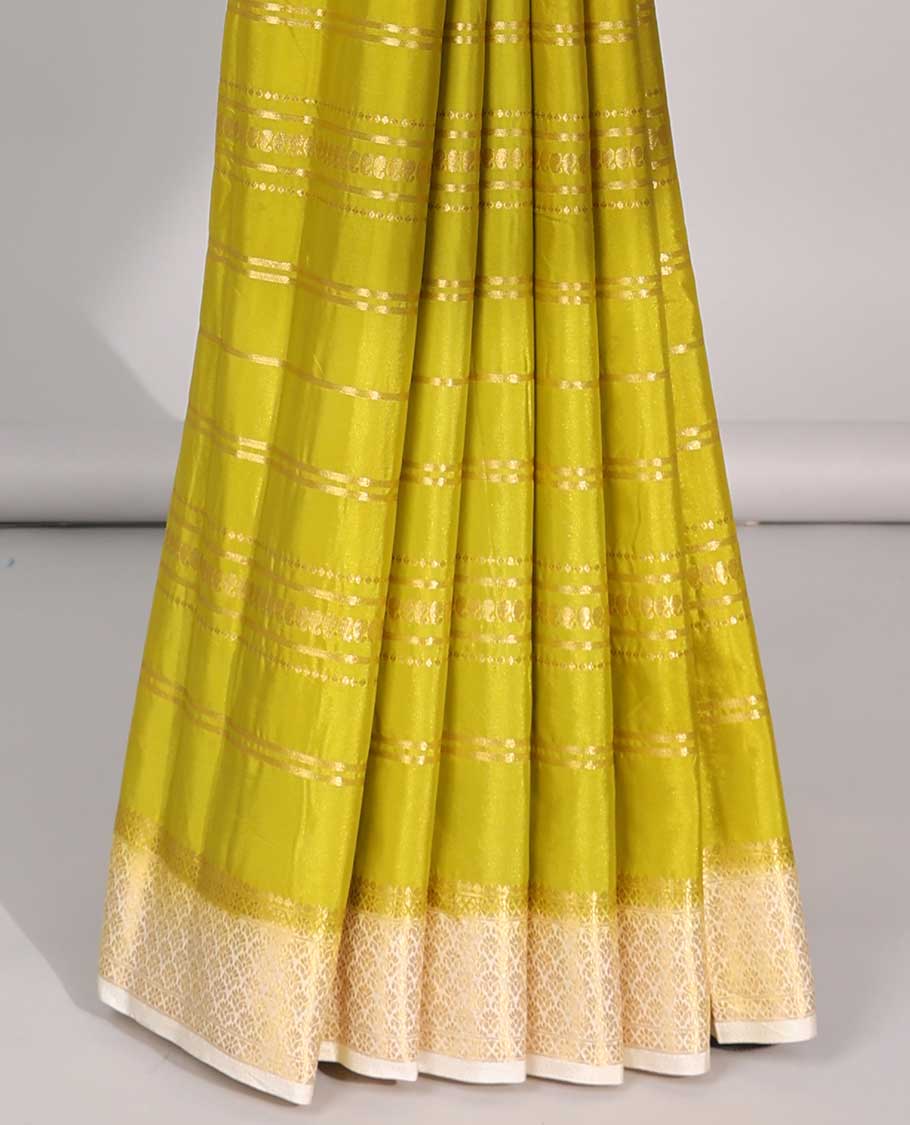 Green striped design art mysore silk saree with self zari border & peacock design pallu