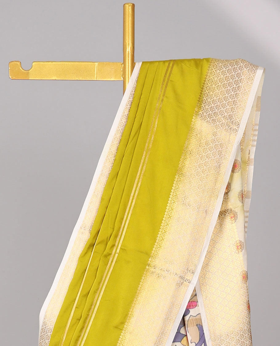 Green striped design art mysore silk saree with self zari border & peacock design pallu