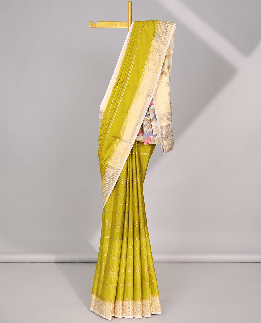 Green striped design art mysore silk saree with self zari border & peacock design pallu
